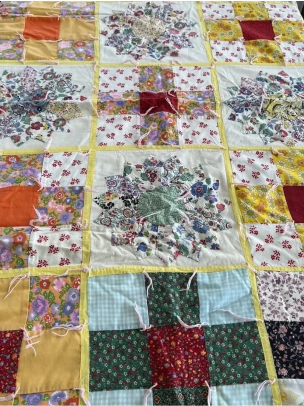Feedsack Floral Patch Patchwork Quilt Throw Handmade Red Blue Vintage 50s 60s